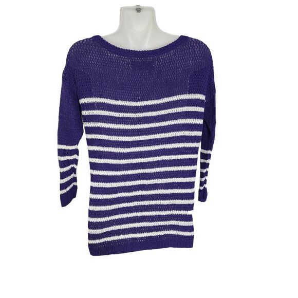 Ann Taylor Loft Womens Sweater Small Purple Ivory Striped Linen Blend Open Knit - Picture 2 of 10